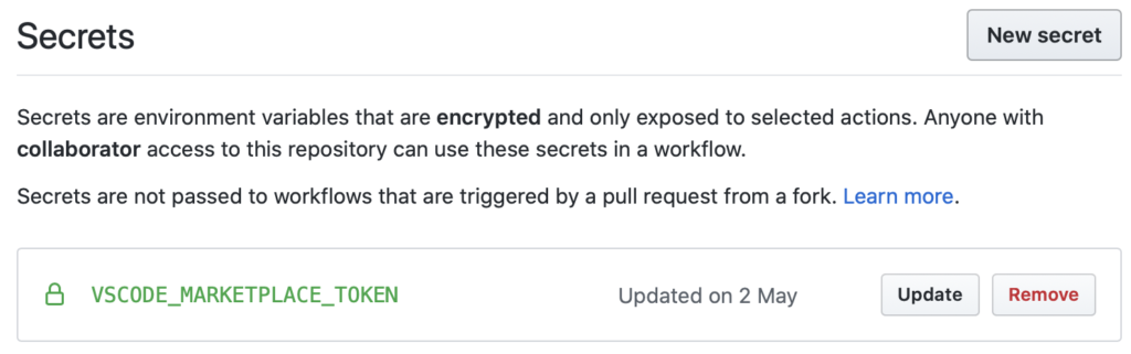 GitHub Secrets - VS Code Marketplace PAT Token