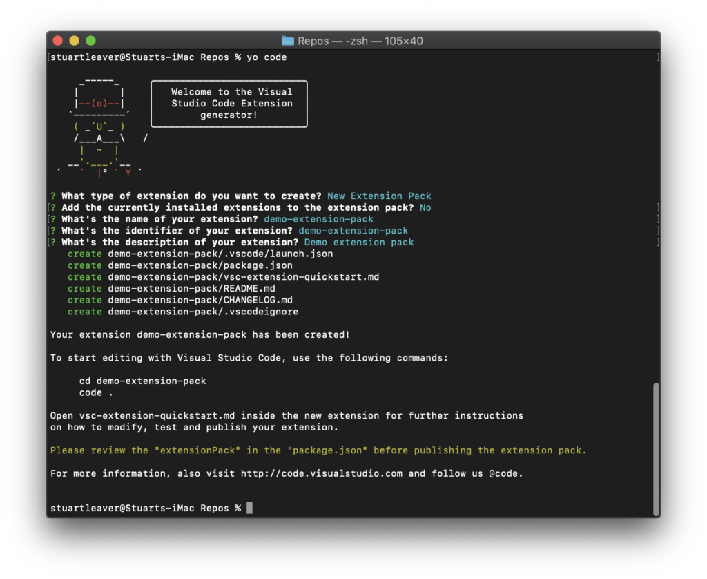 Yo Code - VS Code Extension Pack Creation Details